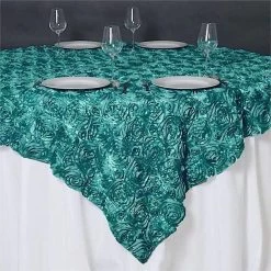 85 Inches Turquoise Raised Roses Square Satin Table Overlay