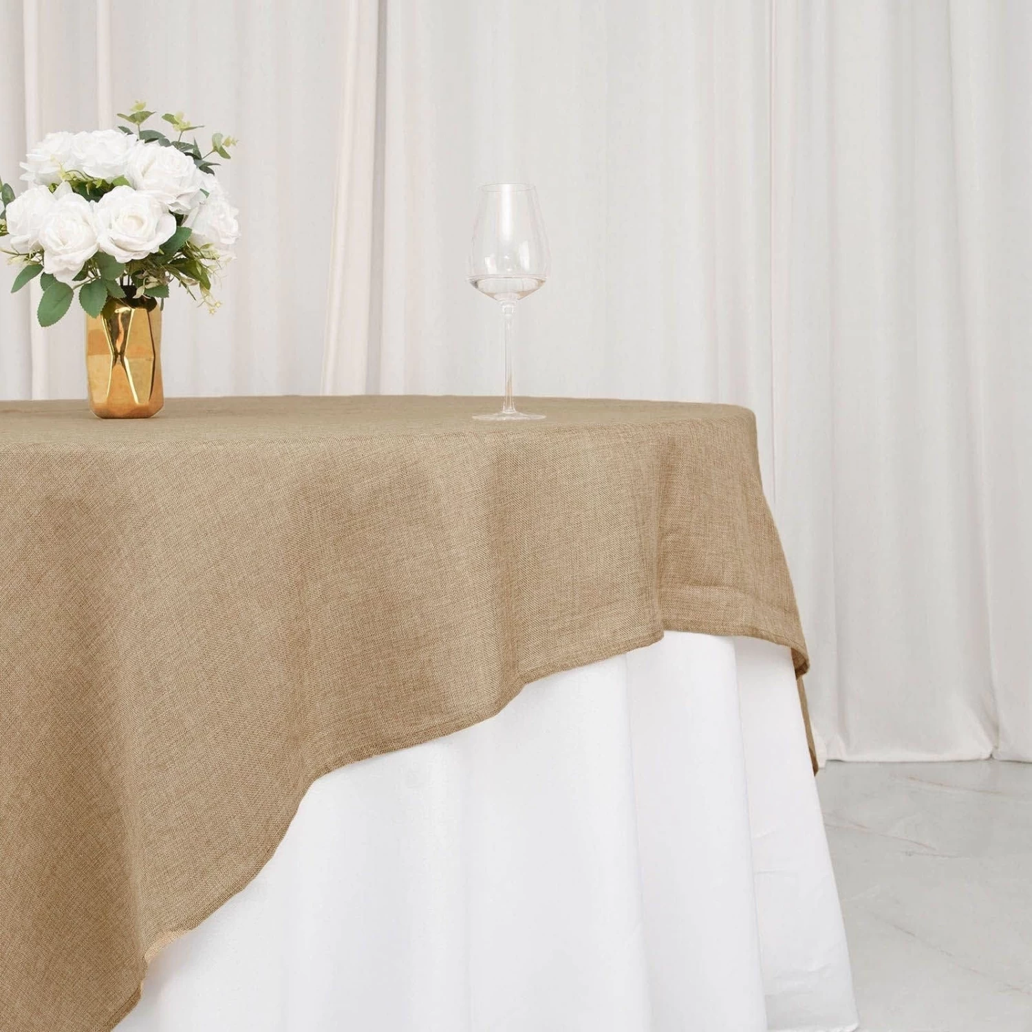 90 Inch Natural Faux Burlap Square Table Overlay - Image 5