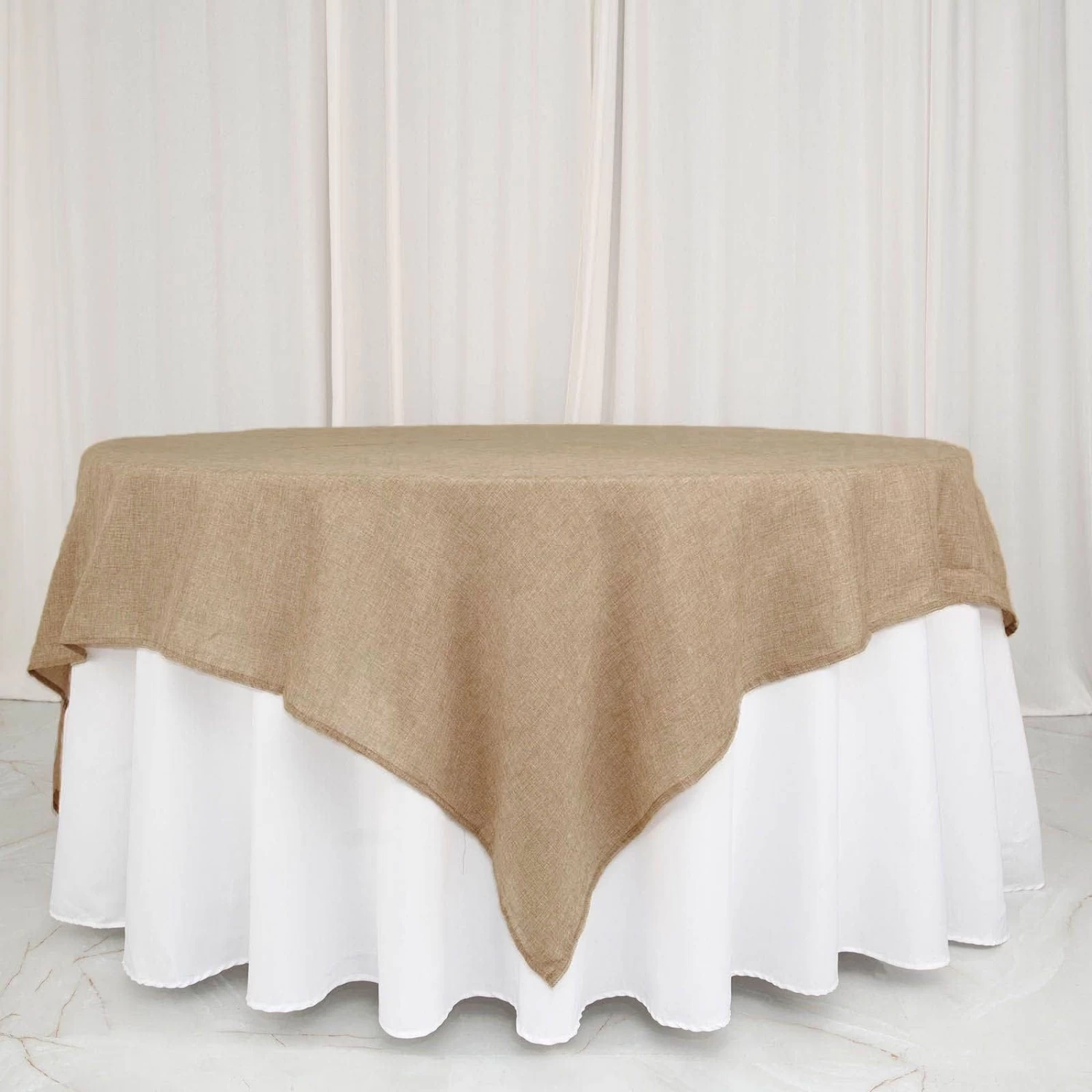 90 Inch Natural Faux Burlap Square Table Overlay - Image 8