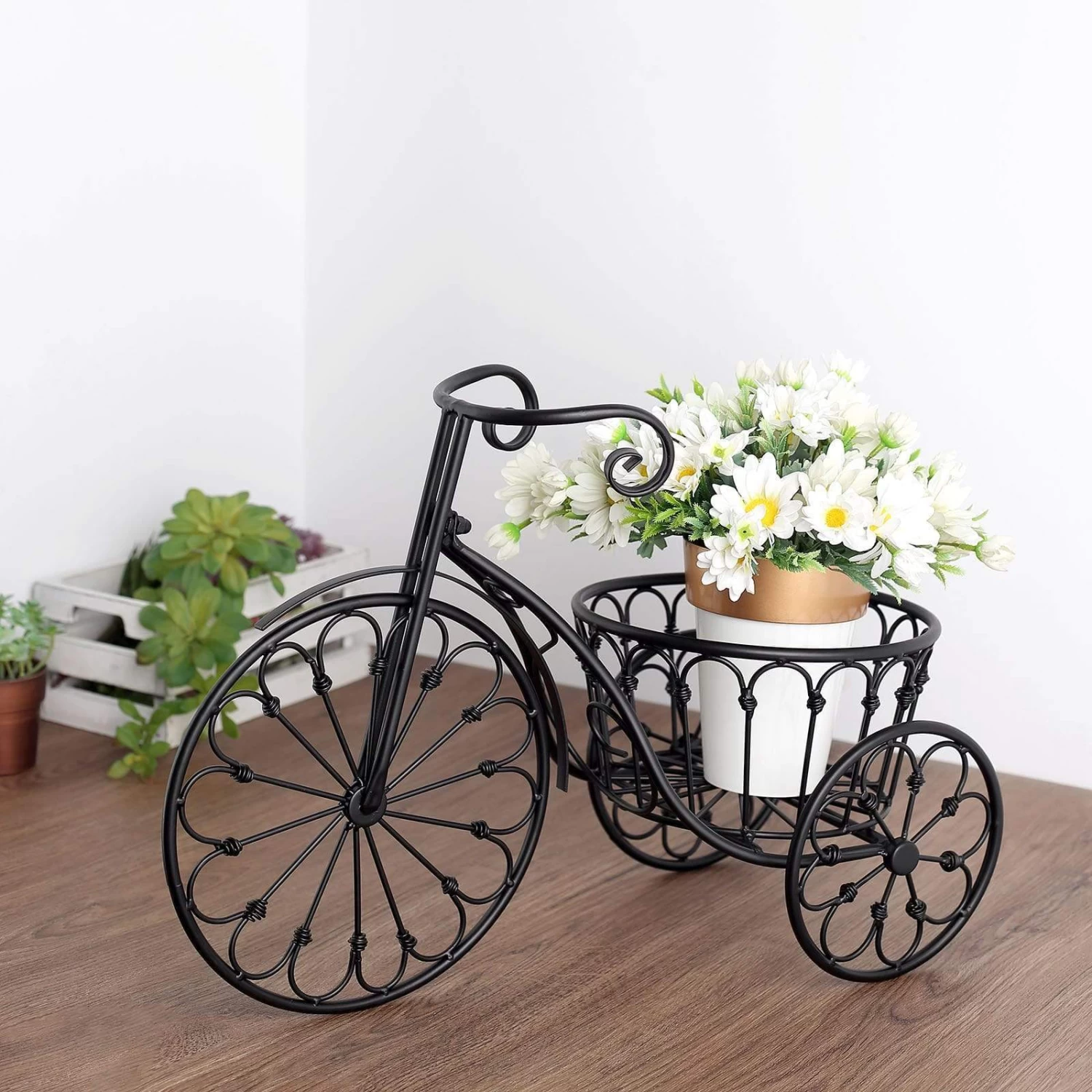 Black 22" Long Tricycle Plant Stand Metal Flower Planter Holder - Image 2