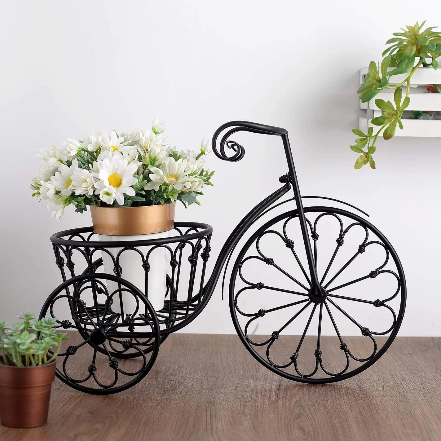 Black 22" Long Tricycle Plant Stand Metal Flower Planter Holder
