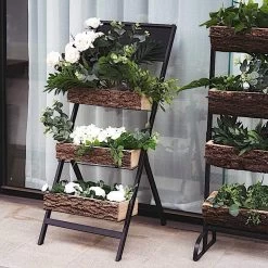 Black And Brown 3 Tier Metal Stand With Natural Wood Planter Boxes