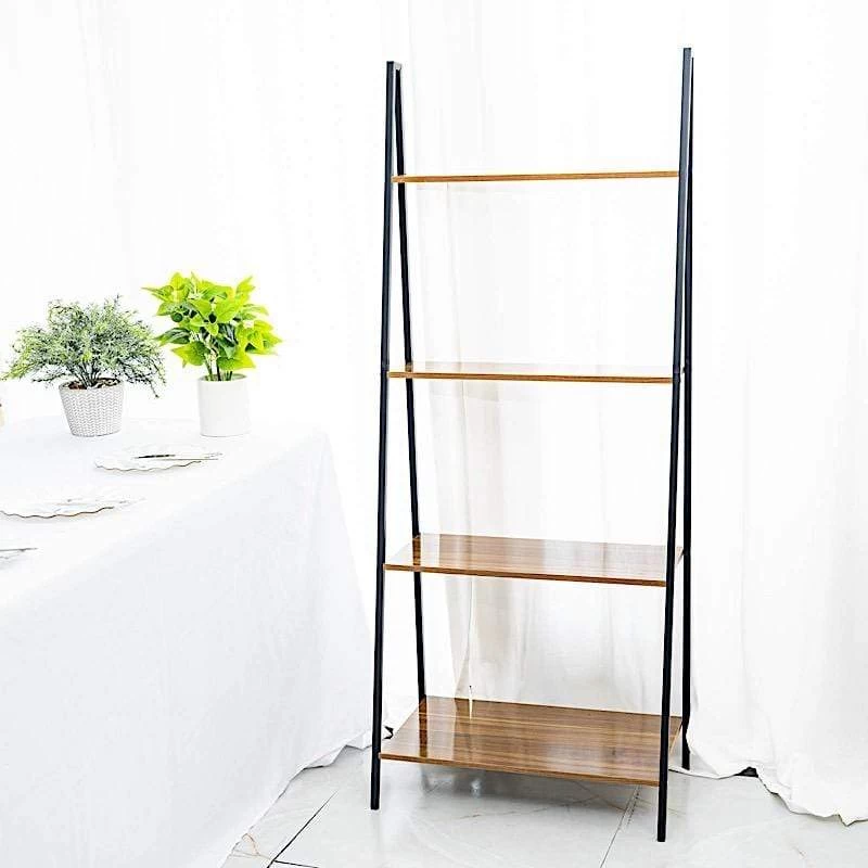 Black And Brown 4 Tier Ladder Shelf Metal With Wood Rack Display Stand - Image 3