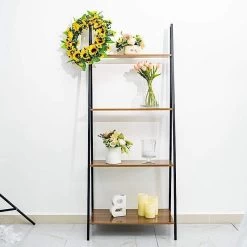 Black And Brown 4 Tier Ladder Shelf Metal With Wood Rack Display Stand