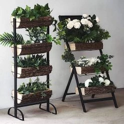 Black And Brown 4 Tier Metal Stand With Natural Wood Planter Boxes