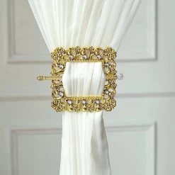 2 Gold 6 In Square Plastic Curtain Tie Backs Baroque Design With Acrylic Crystals