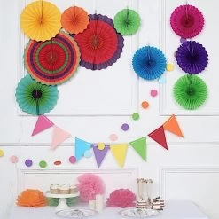 Assorted Paper Fans With Garlands And Pom Poms Wall Hanging Decorations
