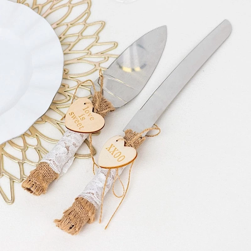Silver Wedding Cake Knife And Server Set With Natural Jute And Lace Handles - Image 5