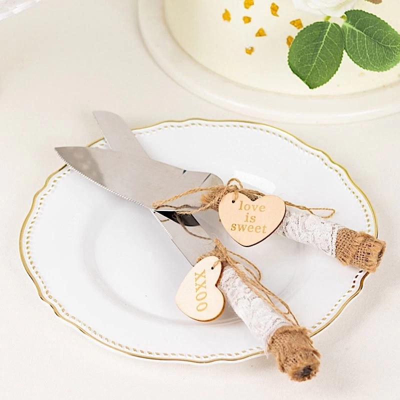 Silver Wedding Cake Knife And Server Set With Natural Jute And Lace Handles - Image 11