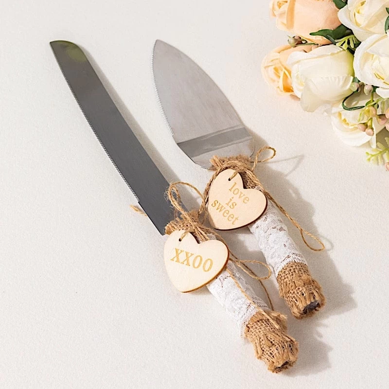 Silver Wedding Cake Knife And Server Set With Natural Jute And Lace Handles