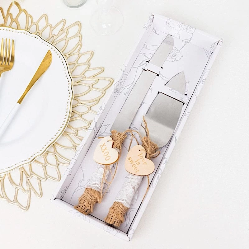 Silver Wedding Cake Knife And Server Set With Natural Jute And Lace Handles - Image 15