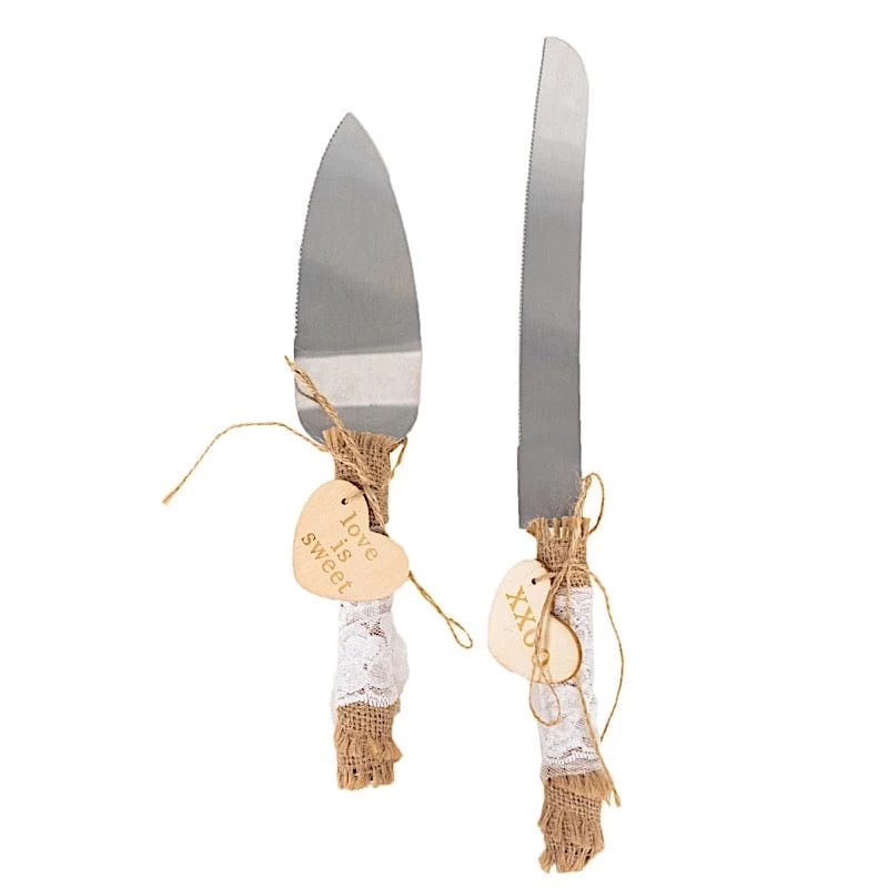 Silver Wedding Cake Knife And Server Set With Natural Jute And Lace Handles - Image 3