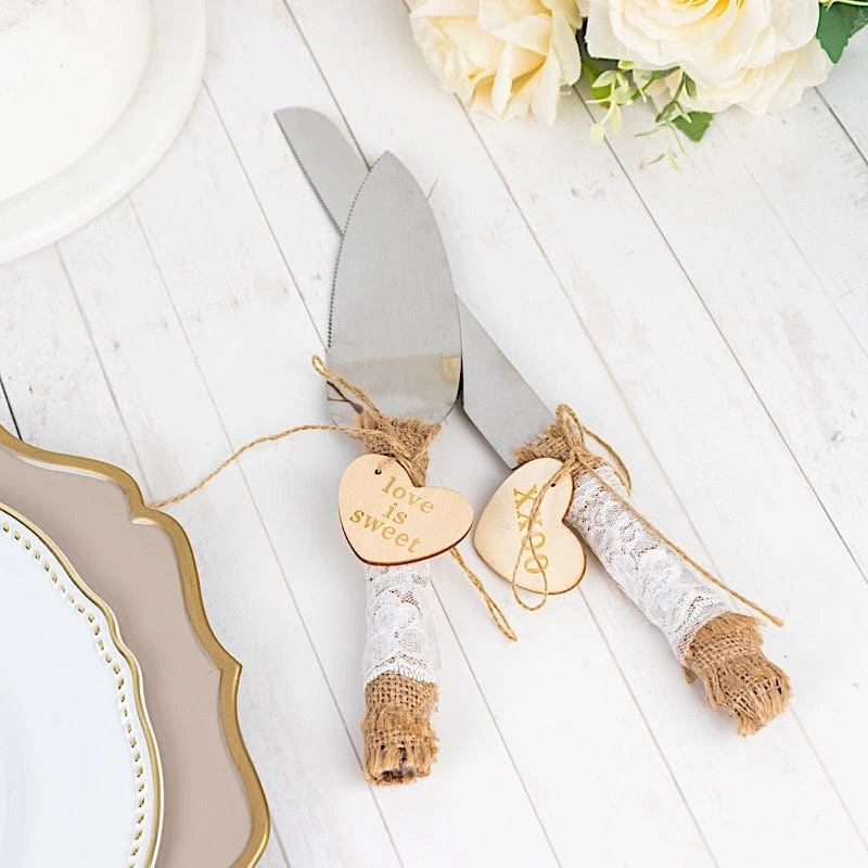 Silver Wedding Cake Knife And Server Set With Natural Jute And Lace Handles - Image 7
