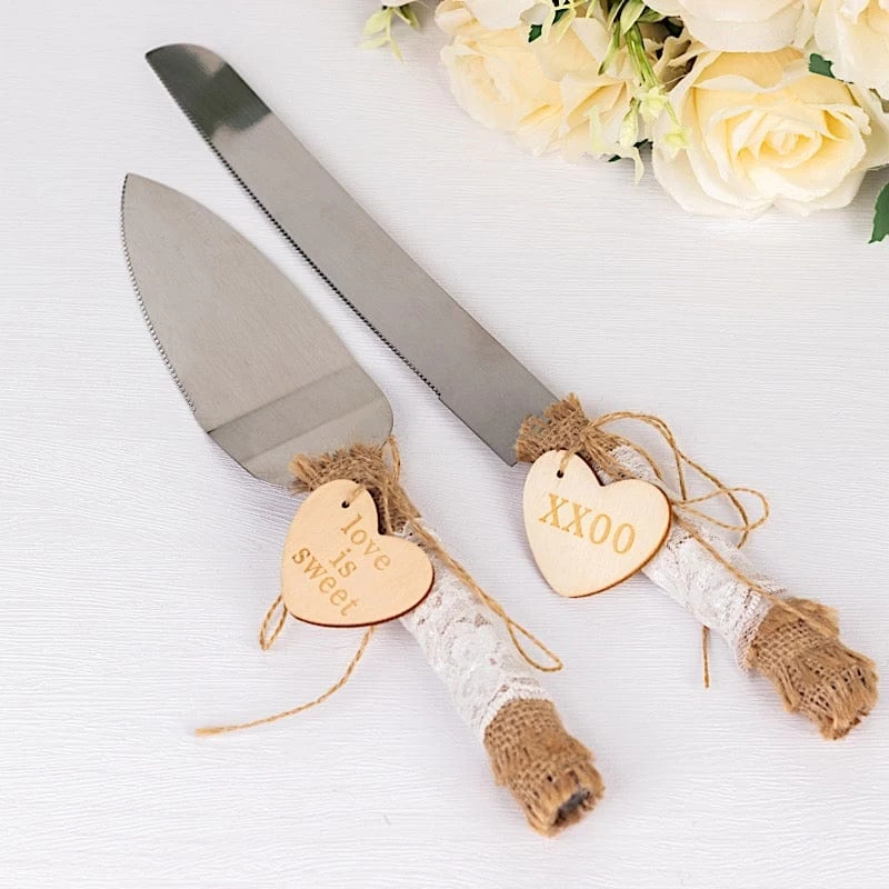 Silver Wedding Cake Knife And Server Set With Natural Jute And Lace Handles - Image 12