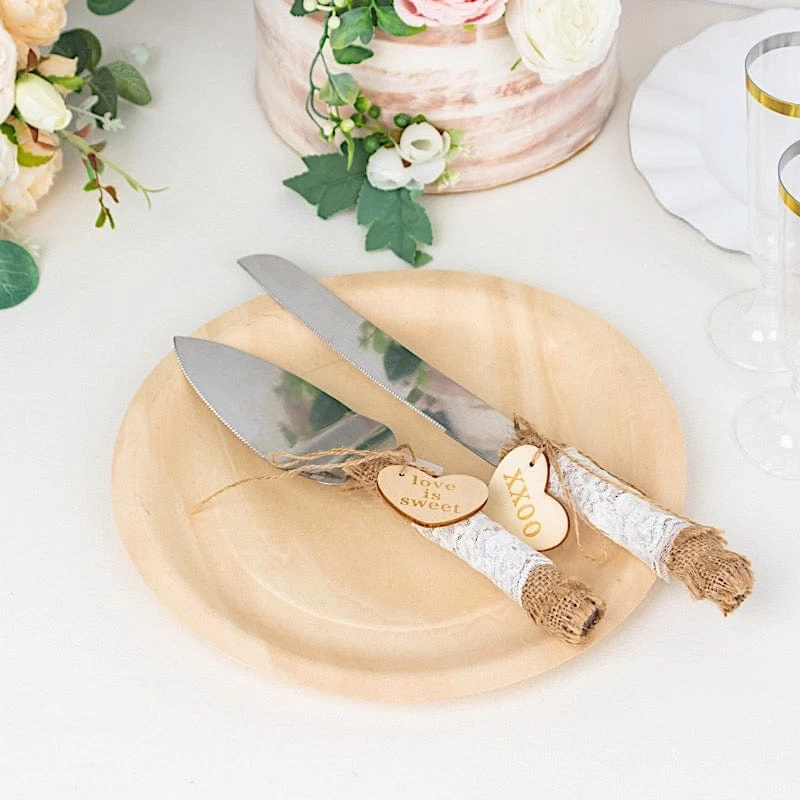 Silver Wedding Cake Knife And Server Set With Natural Jute And Lace Handles - Image 9