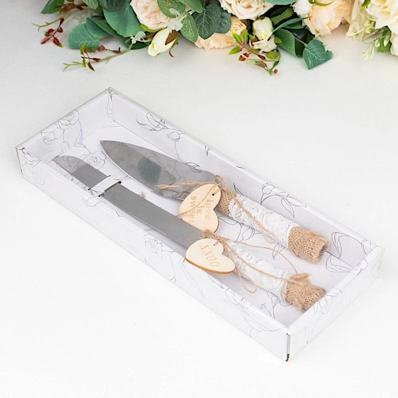Silver Wedding Cake Knife And Server Set With Natural Jute And Lace Handles - Image 16
