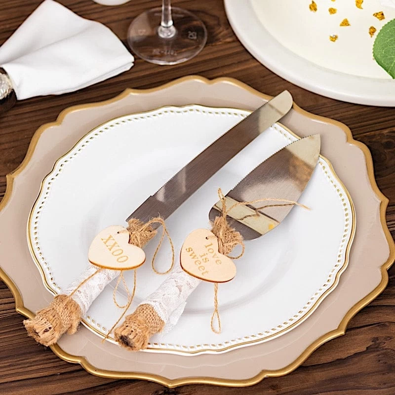 Silver Wedding Cake Knife And Server Set With Natural Jute And Lace Handles - Image 8