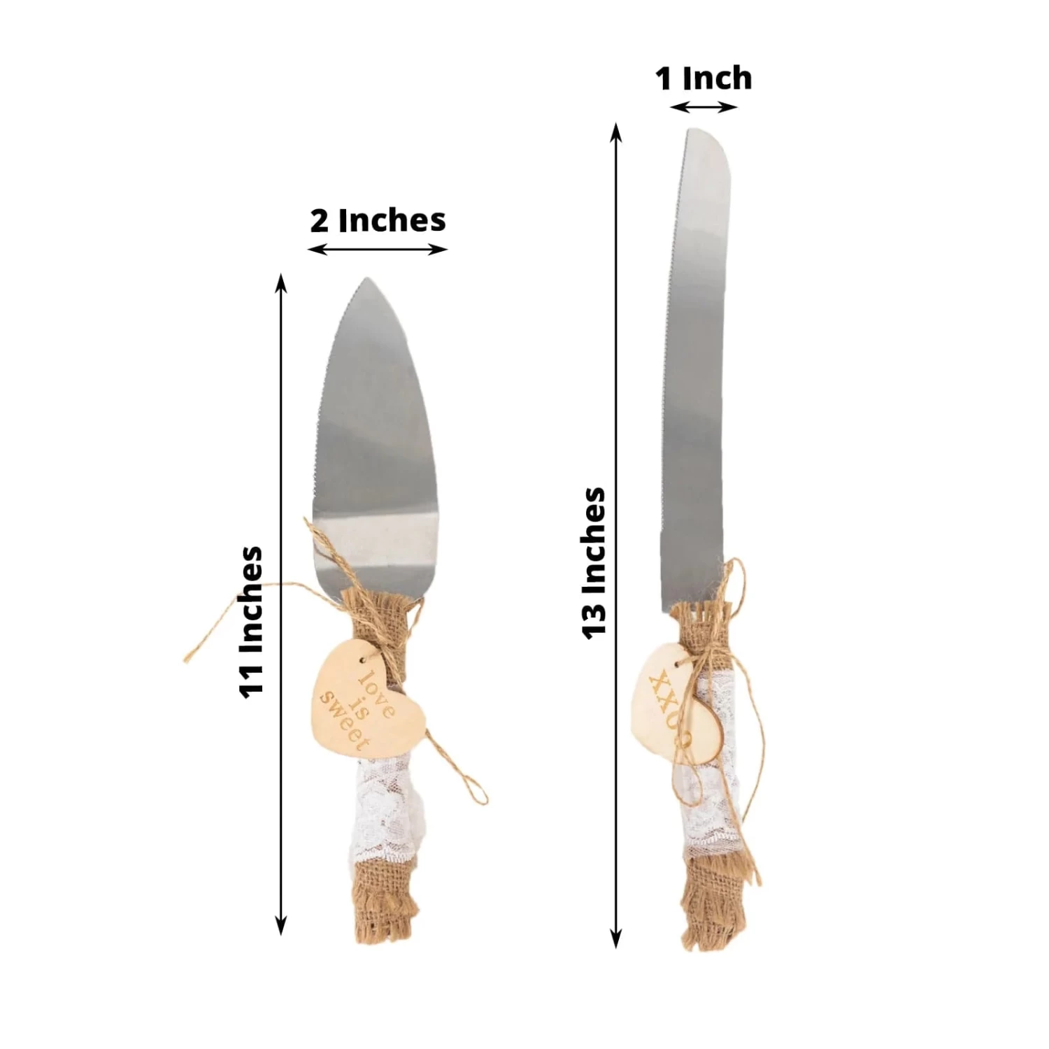 Silver Wedding Cake Knife And Server Set With Natural Jute And Lace Handles - Image 2