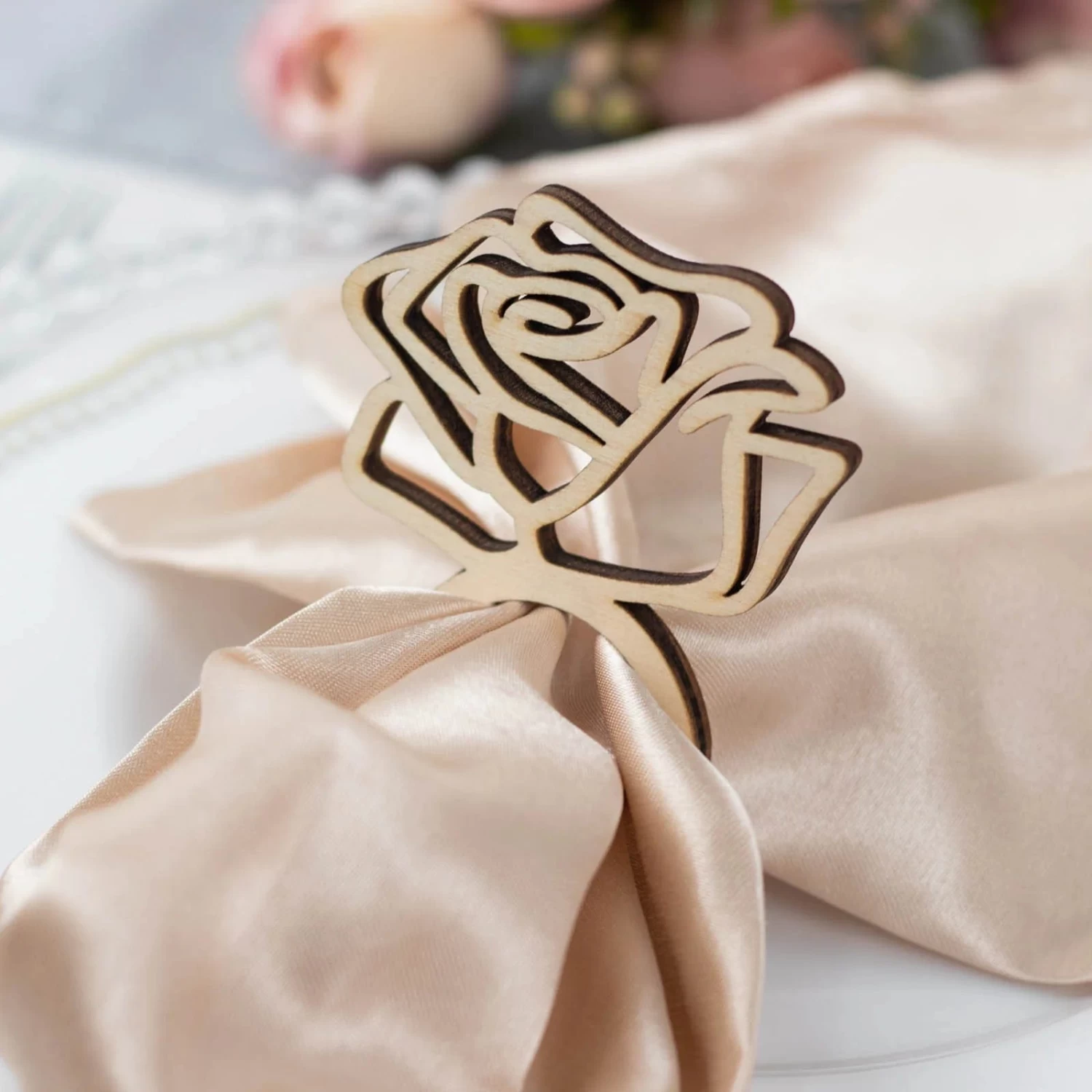 10 Natural 4 In Wood Napkin Rings With Laser Cut Rose Design - Image 7