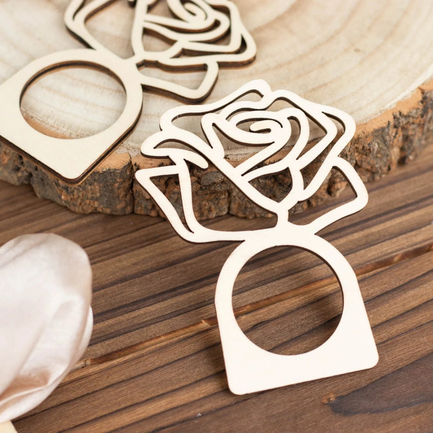 10 Natural 4 In Wood Napkin Rings With Laser Cut Rose Design - Image 3