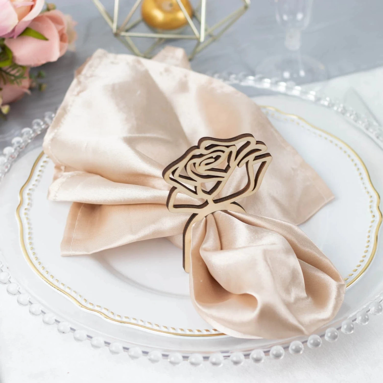 10 Natural 4 In Wood Napkin Rings With Laser Cut Rose Design - Image 6