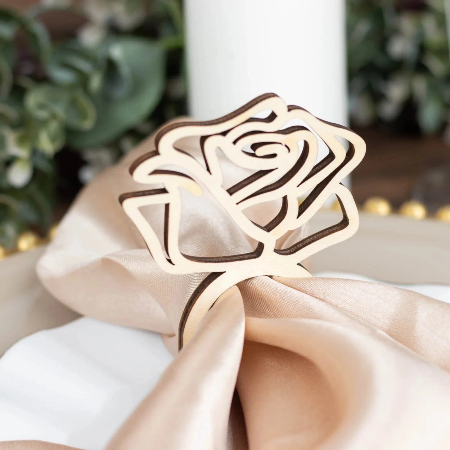 10 Natural 4 In Wood Napkin Rings With Laser Cut Rose Design - Image 2