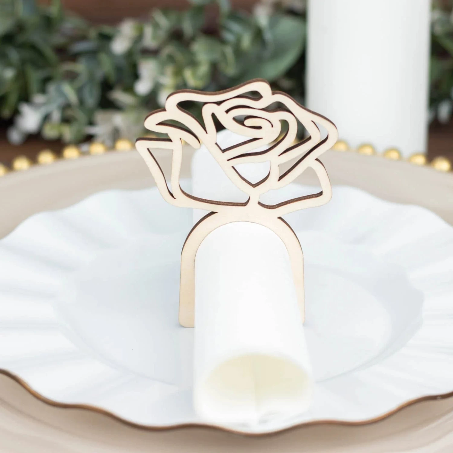 10 Natural 4 In Wood Napkin Rings With Laser Cut Rose Design - Image 5