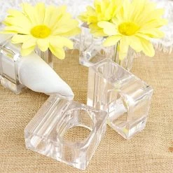 4 Clear Square Acrylic Dinner Napkin Rings With Mini Flower Holders