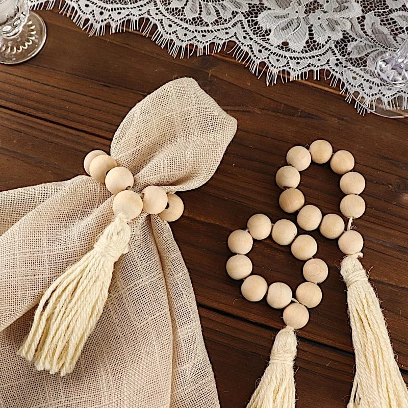 4 Cream Round Wood Bead Napkin Rings With Tassels - Image 3