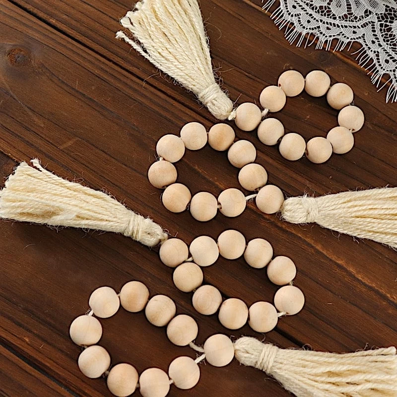 4 Cream Round Wood Bead Napkin Rings With Tassels - Image 6