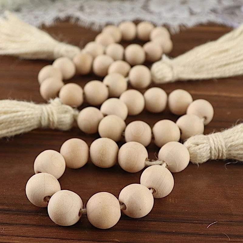 4 Cream Round Wood Bead Napkin Rings With Tassels - Image 5