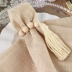 4 Cream Round Wood Bead Napkin Rings With Tassels