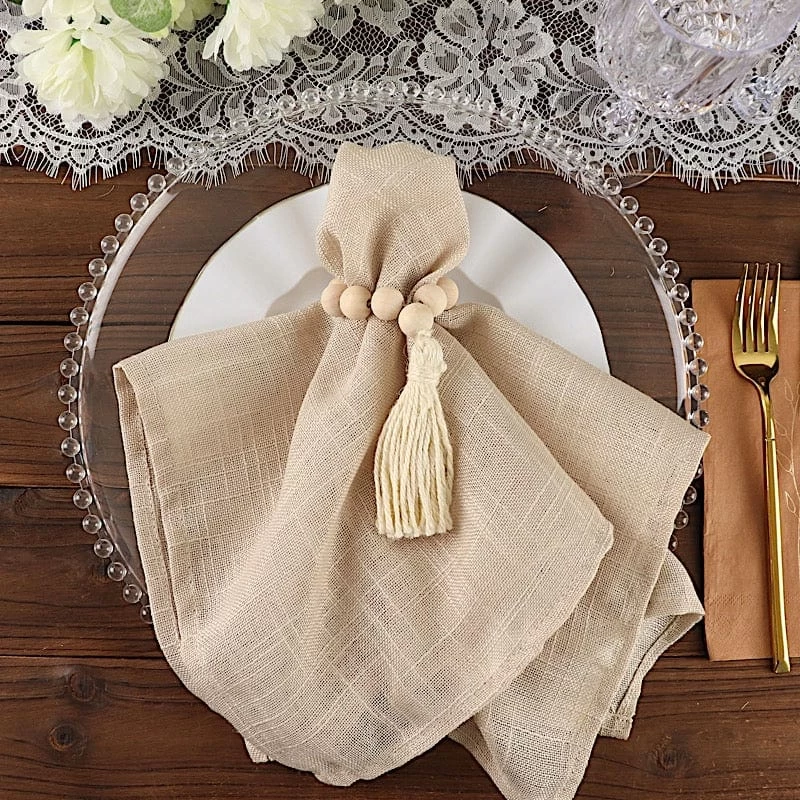 4 Cream Round Wood Bead Napkin Rings With Tassels - Image 9