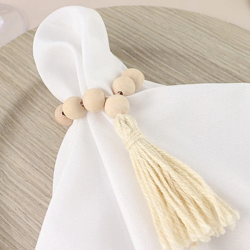 4 Cream Round Wood Bead Napkin Rings With Tassels - Image 2