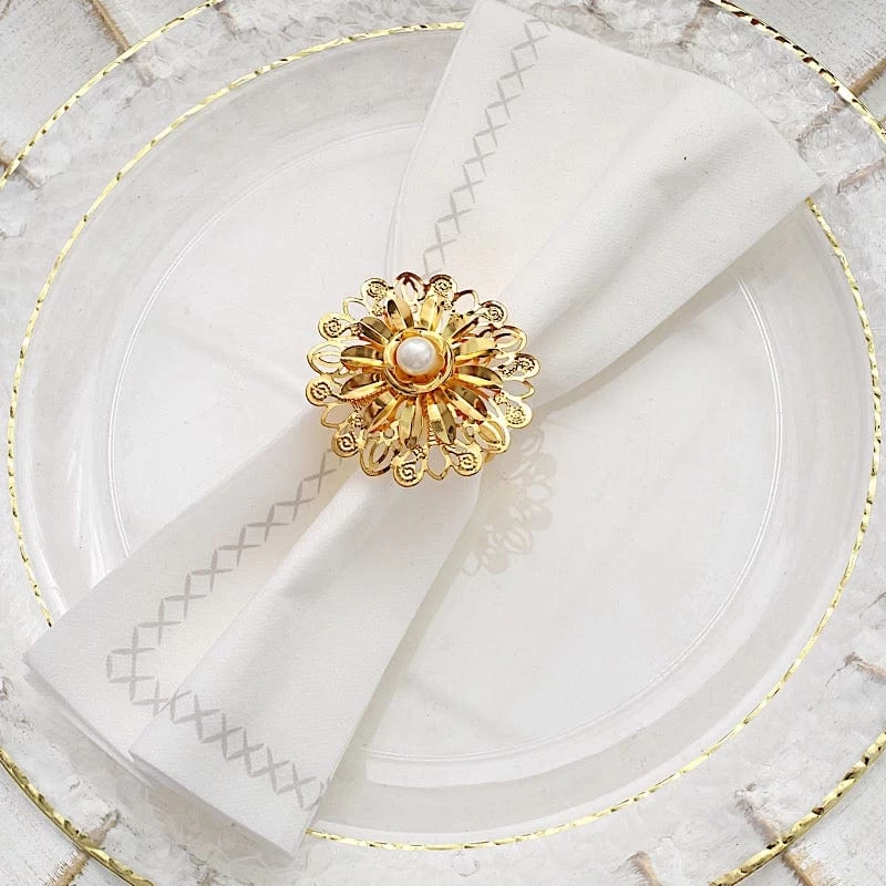4 Gold 2 In Pearl Daffodil Flower Design Metal Napkin Rings