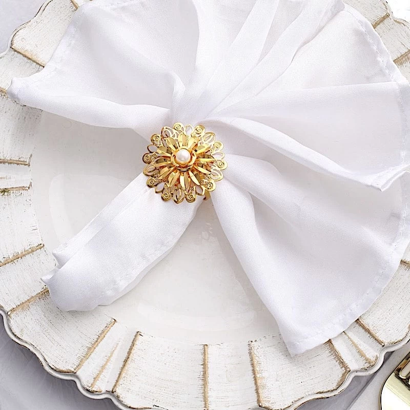 4 Gold 2 In Pearl Daffodil Flower Design Metal Napkin Rings - Image 3