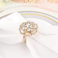 4 Gold Rose Flower Metal Dinner Napkin Rings With Rhinestones