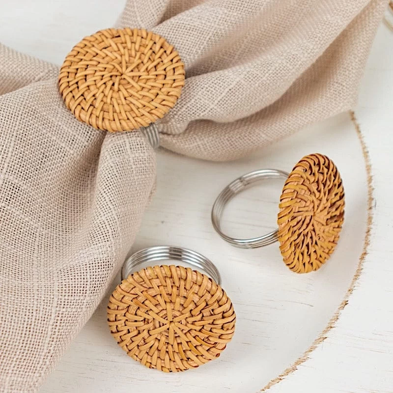4 Natural 2 In Round Woven Rattan Design Metal Napkin Rings - Image 4