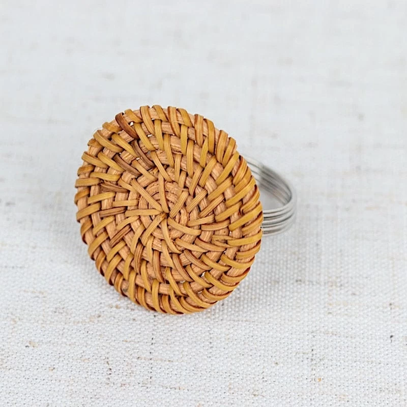 4 Natural 2 In Round Woven Rattan Design Metal Napkin Rings - Image 13