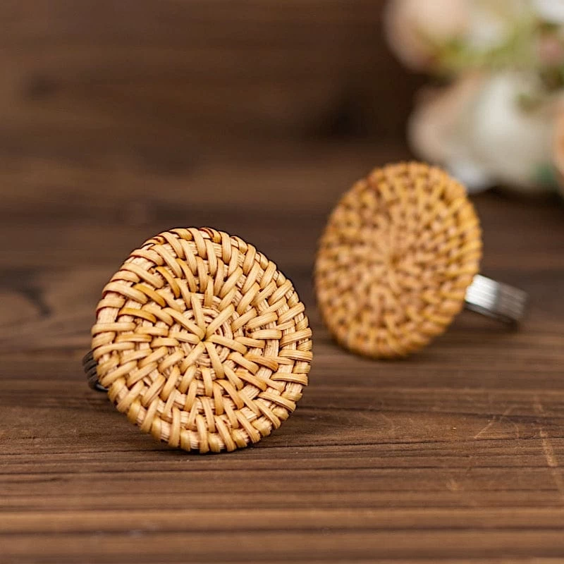 4 Natural 2 In Round Woven Rattan Design Metal Napkin Rings - Image 9