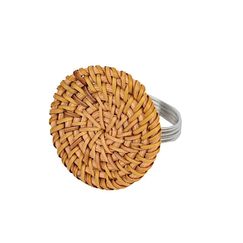4 Natural 2 In Round Woven Rattan Design Metal Napkin Rings - Image 5