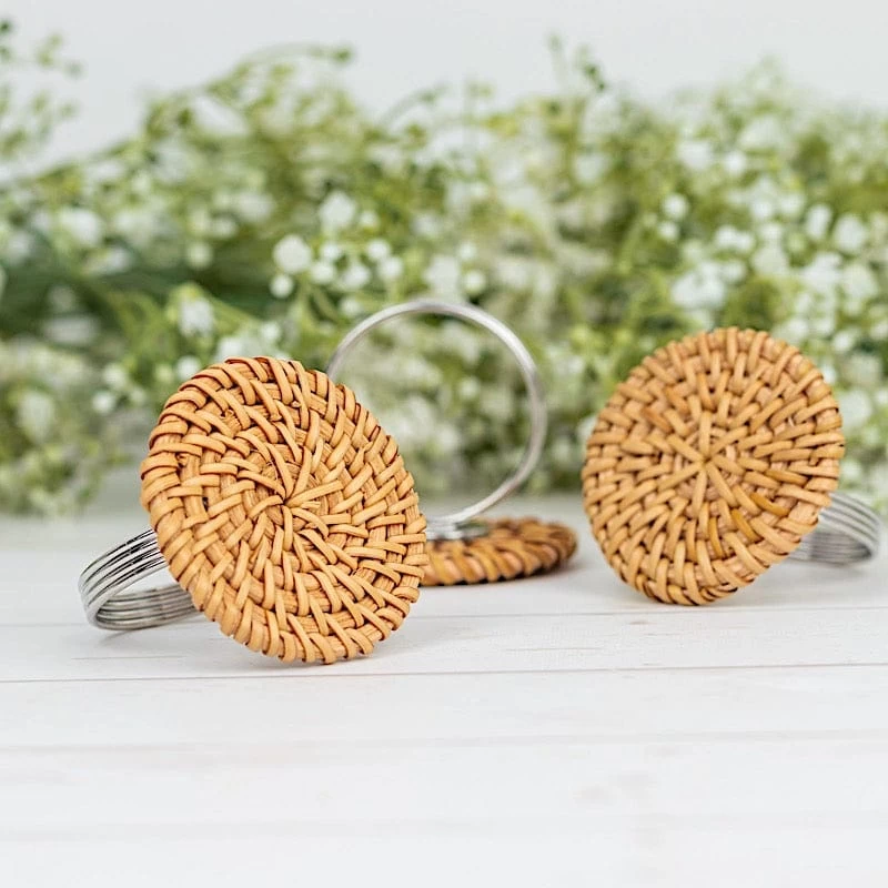 4 Natural 2 In Round Woven Rattan Design Metal Napkin Rings - Image 10