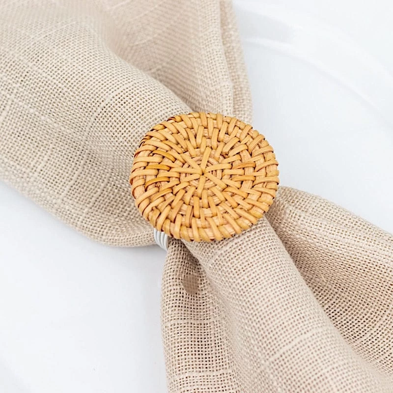 4 Natural 2 In Round Woven Rattan Design Metal Napkin Rings - Image 6