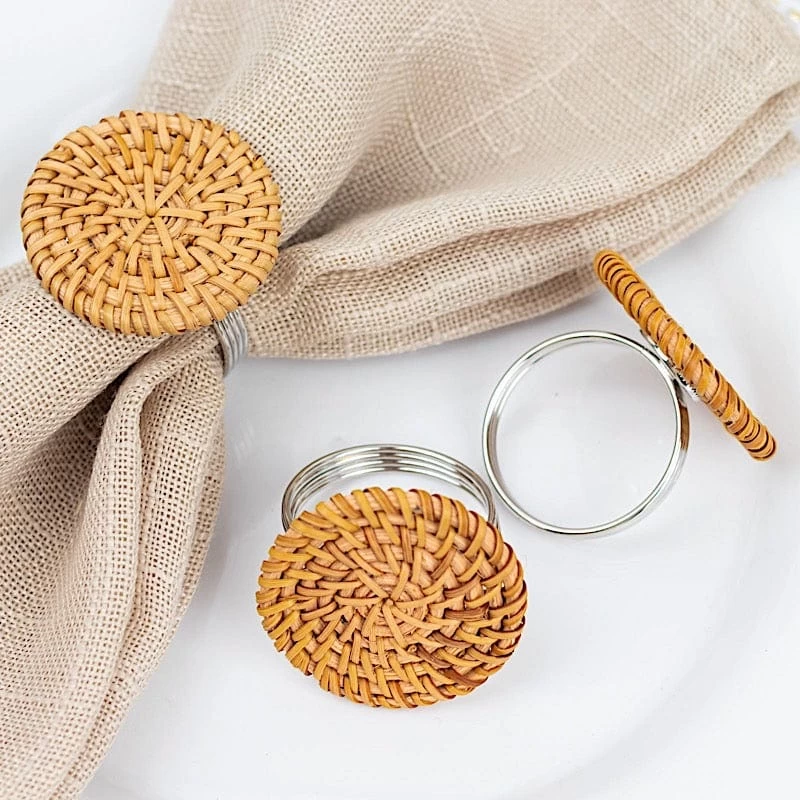 4 Natural 2 In Round Woven Rattan Design Metal Napkin Rings - Image 11