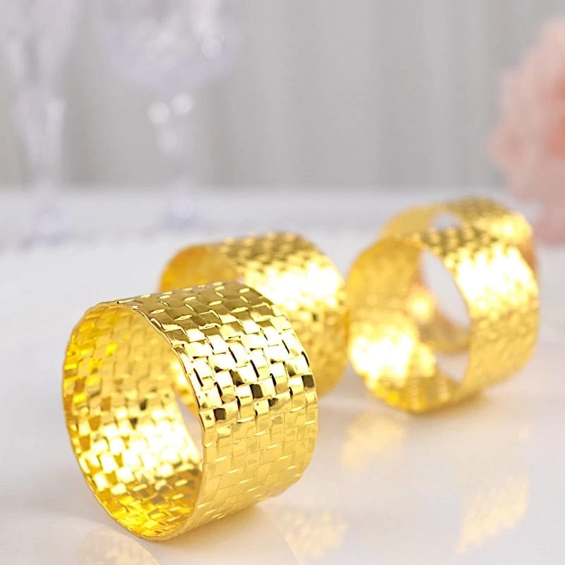 4 Round Metallic Dinner Napkin Rings With Basket Weave Design - Image 2