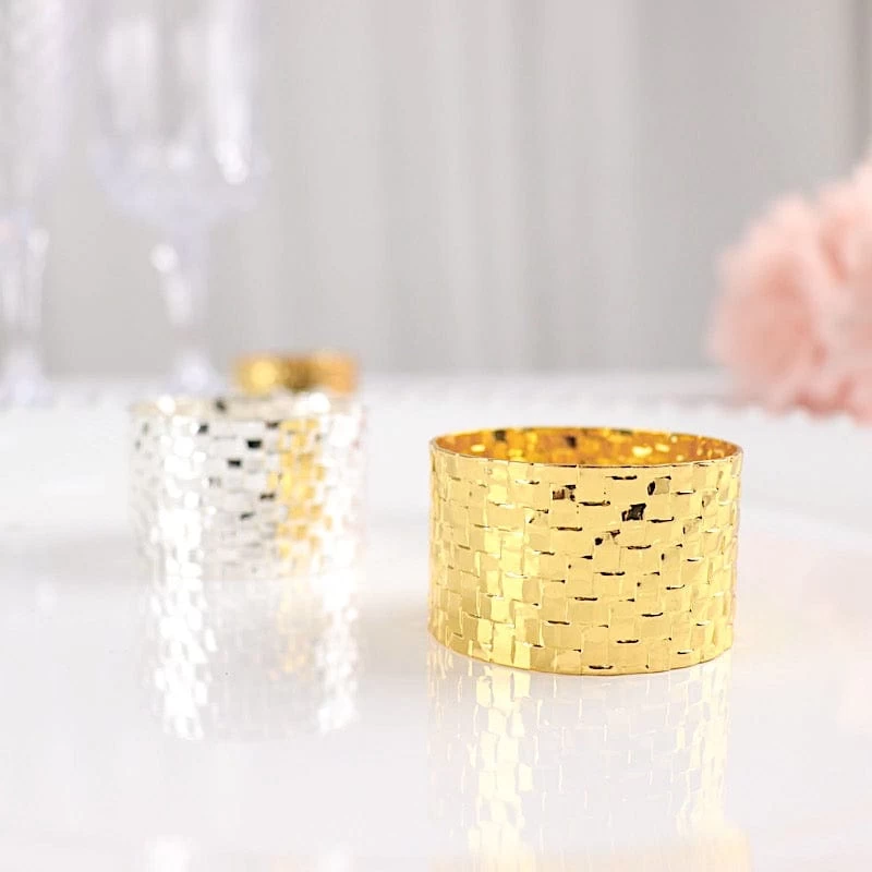 4 Round Metallic Dinner Napkin Rings With Basket Weave Design - Image 3