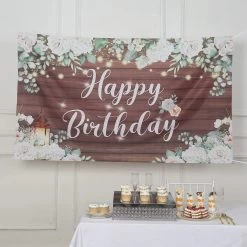 Brown And White 6x3 Feet Happy Birthday Wood And Floral Printed Party Backdrop