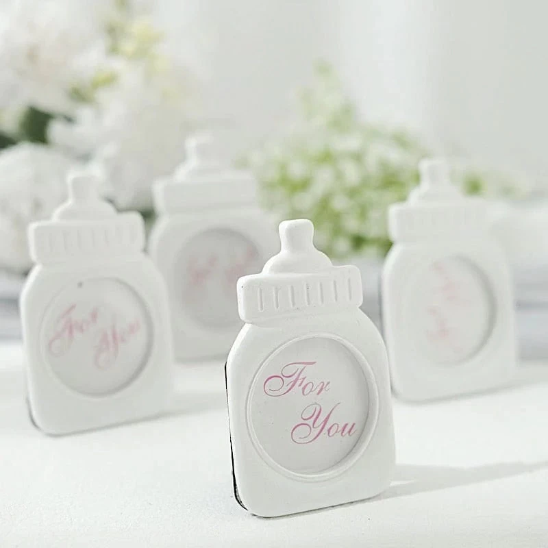 4 White With Pink 4" Mini Feeding Bottle Picture Frames Baby Shower Favors - Image 2
