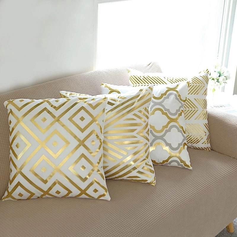 4 Velvet 18x18 In Square Throw Pillow Covers With Gold Geometric Print - Image 6