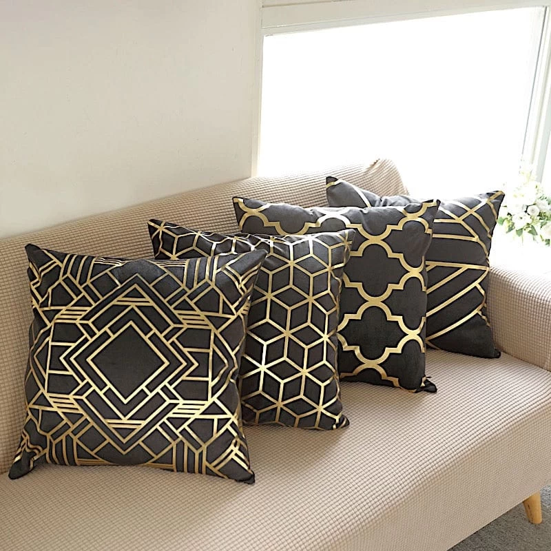 4 Velvet 18x18 In Square Throw Pillow Covers With Gold Geometric Print - Image 16